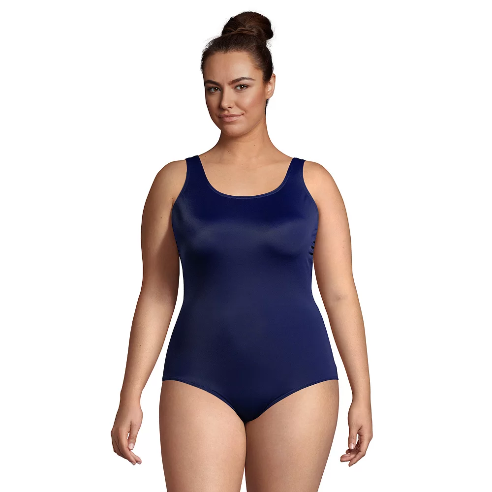 Plus Size Lands' End Tugless Chlorine Resistant Sporty Soft Cup One-Piece Swimsuit