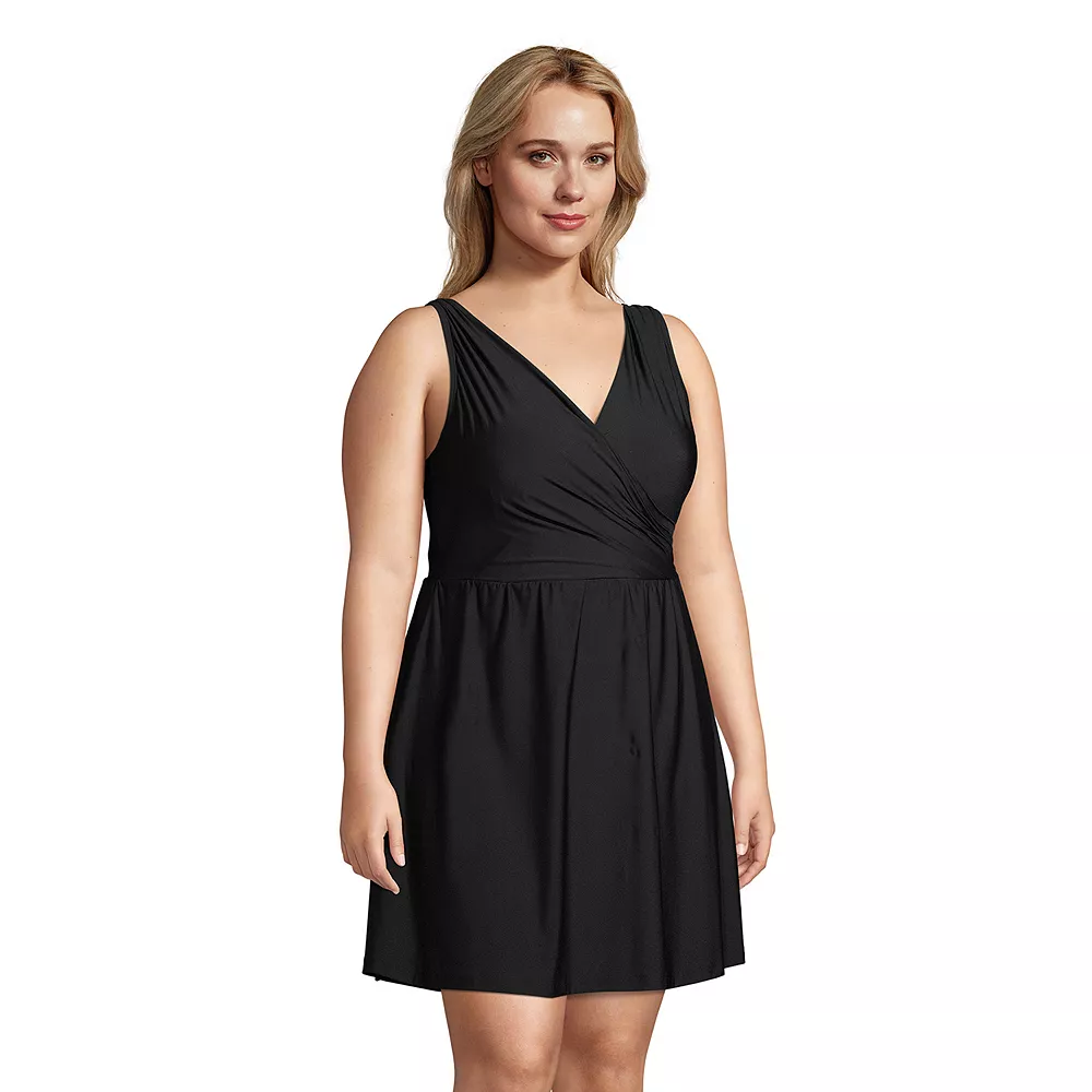 Plus Size Lands' End Print Tummy Control Surplice One-Piece Swim Dress - Image 3