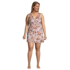 Plus Size Lands' End Print Tummy Control Surplice One-Piece Swim Dress