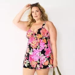 Plus Size Bal Harbour Floral Bow Front One-Piece Swim Dress