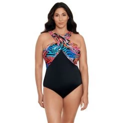 Women's Great Lengths Long Torso D-Cup Print Halter One-Piece Swimsuit