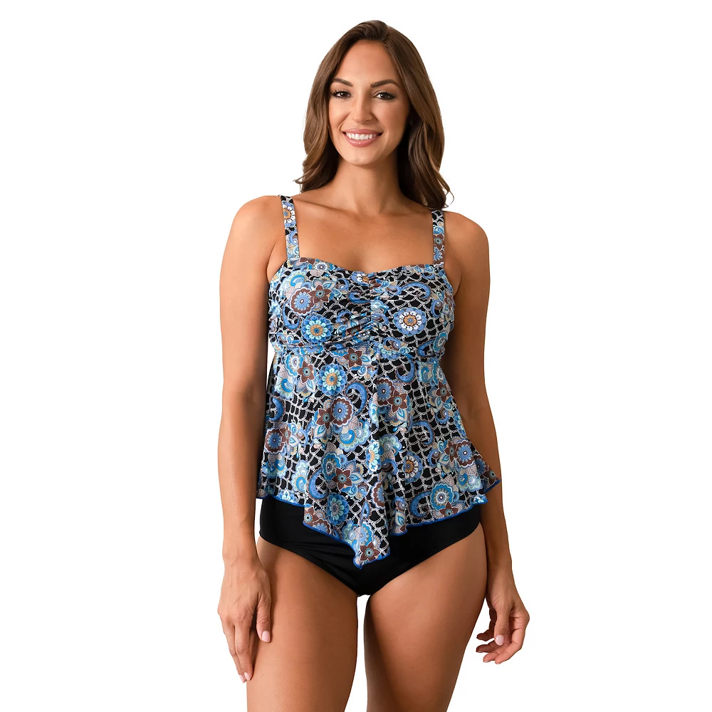 Women's A Shore Fit E-Cup Scallop Print Bandeau V-Hem Swim Top