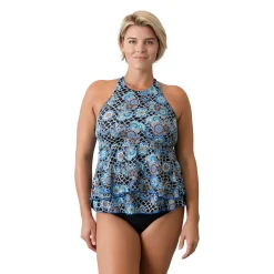 Plus Size A Shore Fit Print Tiered High Neck Swim Top