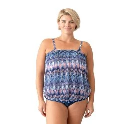 Plus Size Del Raya Tummy Slimmer Printed Mesh Blouson Tankini Top