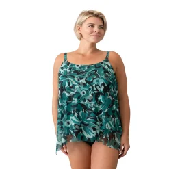 Plus Size Del Raya Tummy Slimmer High-Low Printed Mesh Tankini Top