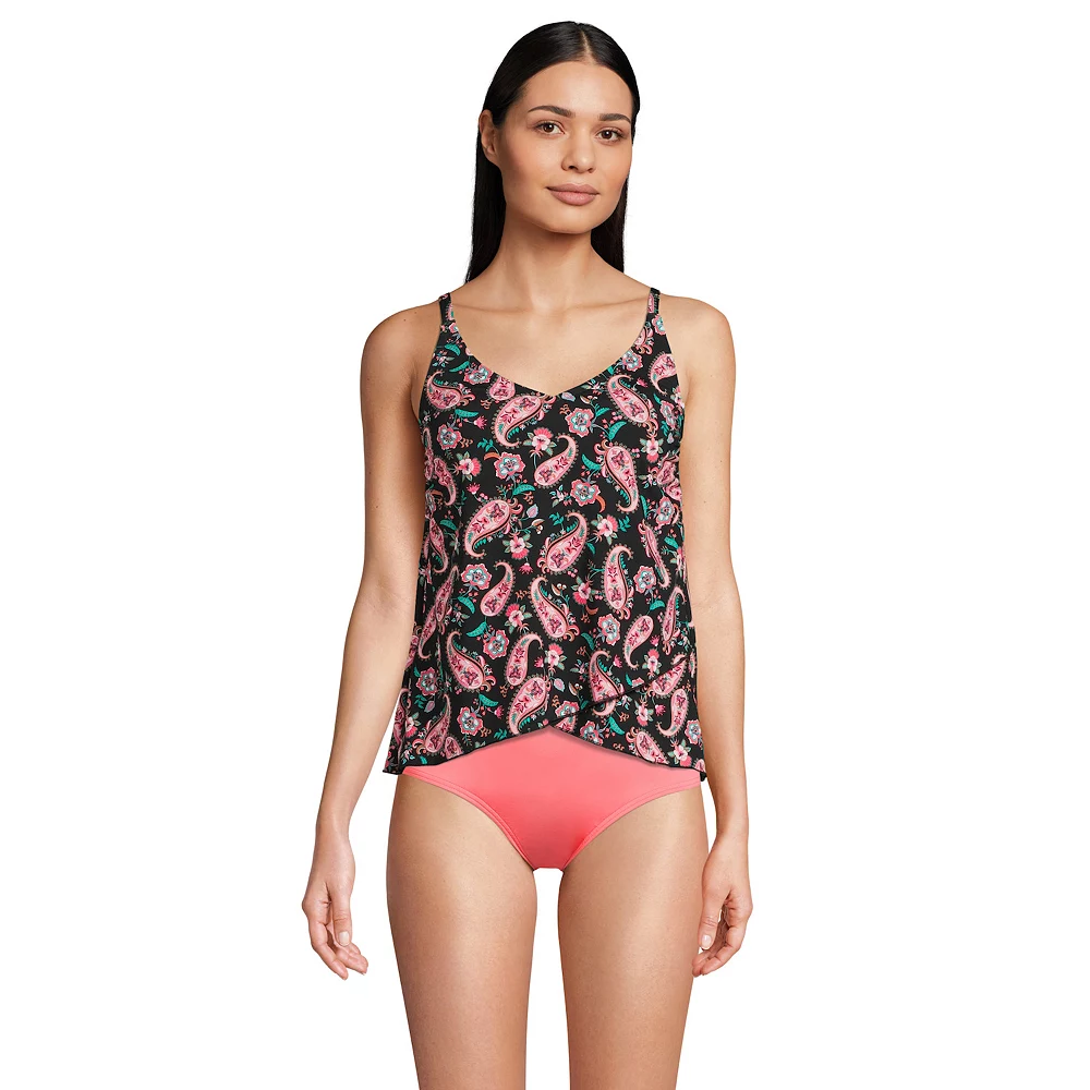 Women's Lands' End Long Torso Chlorine Resistant V-Neck Tulip Hem Tankini Swimsuit Top With Adjustable Straps