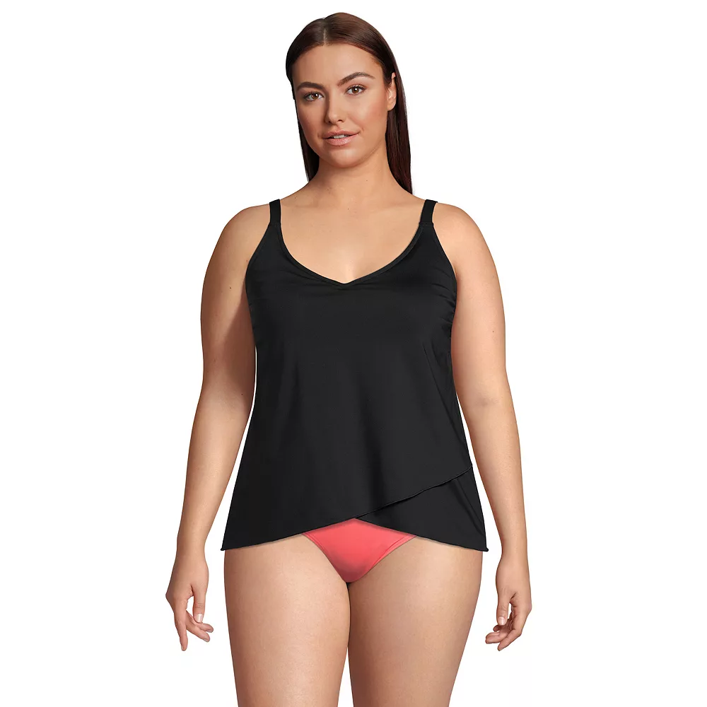 Plus Size Lands' End Long Torso Chlorine Resistant V-Neck Tulip Hem Tankini Swimsuit Top